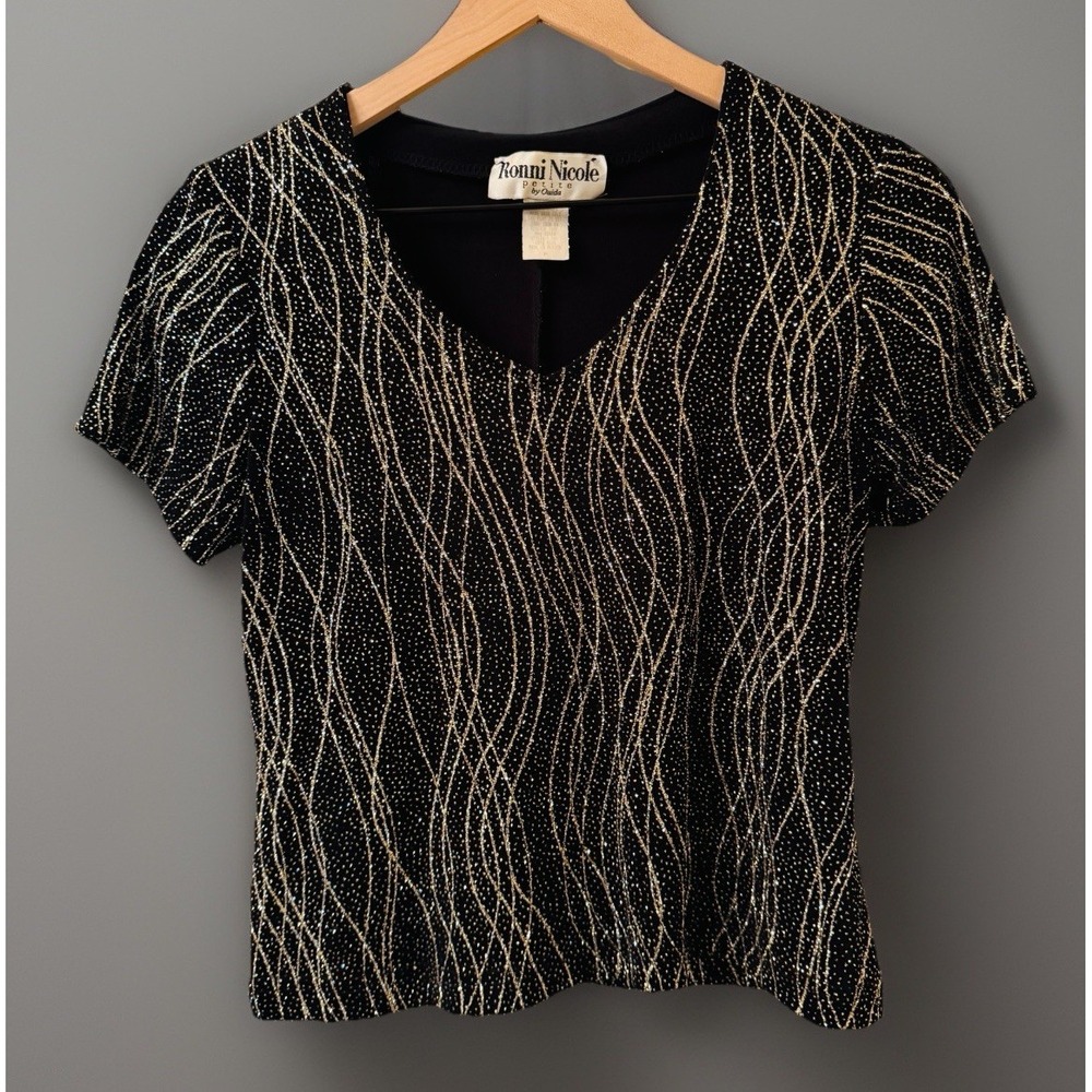 Vintage 90s Ronni Nicole Petite Ouida Black Gold Sparkle Top Slinky Glitter XS